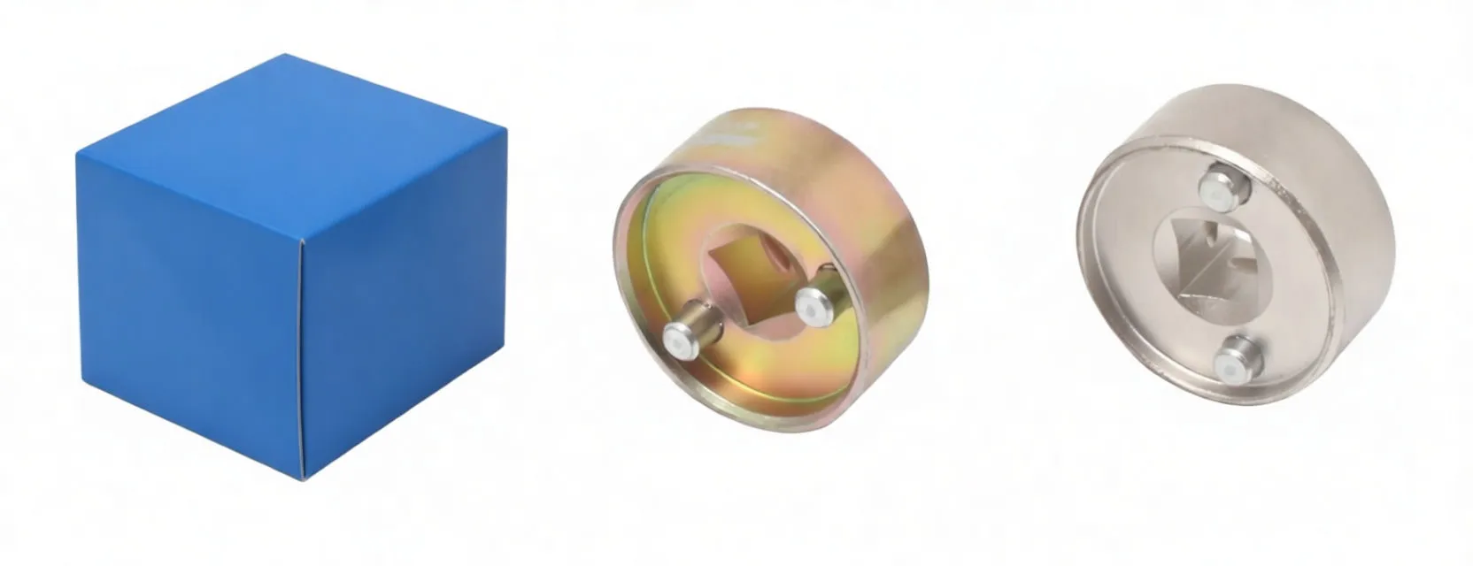 ASTA blue box labeled A-SKW3 VW/AUDI Camshaft Adjusting Socket with barcode and three metal camshaft adjustment sockets placed in front.