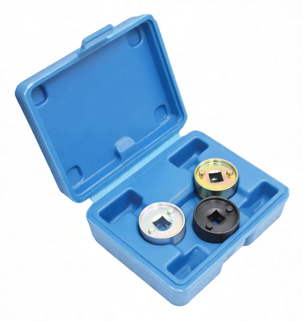 Angled shot of blue plastic case with three camshaft adjustment cups and yellow instruction sticker inside lid