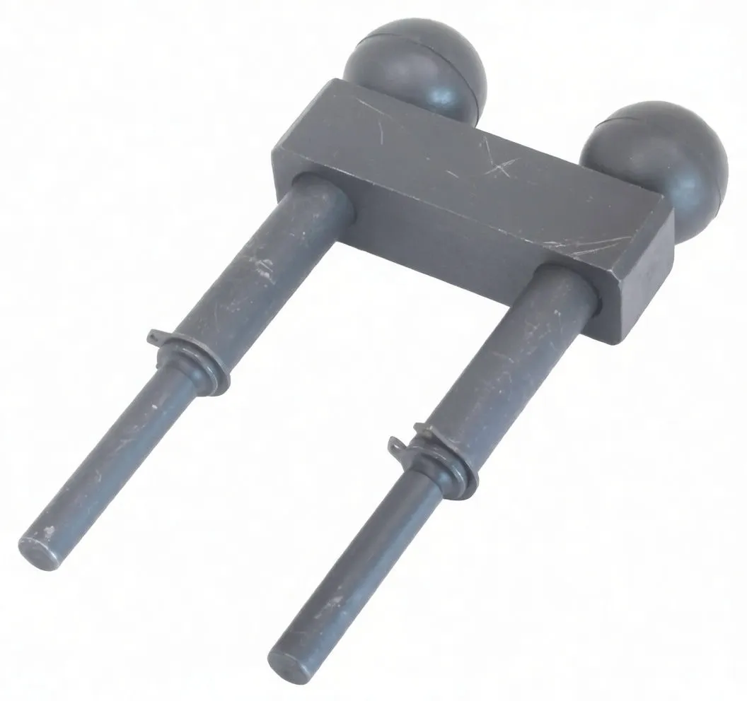 Angled view of SaTra S-8031 camshaft locking tool with two stepped pins, retaining collars and ball handles