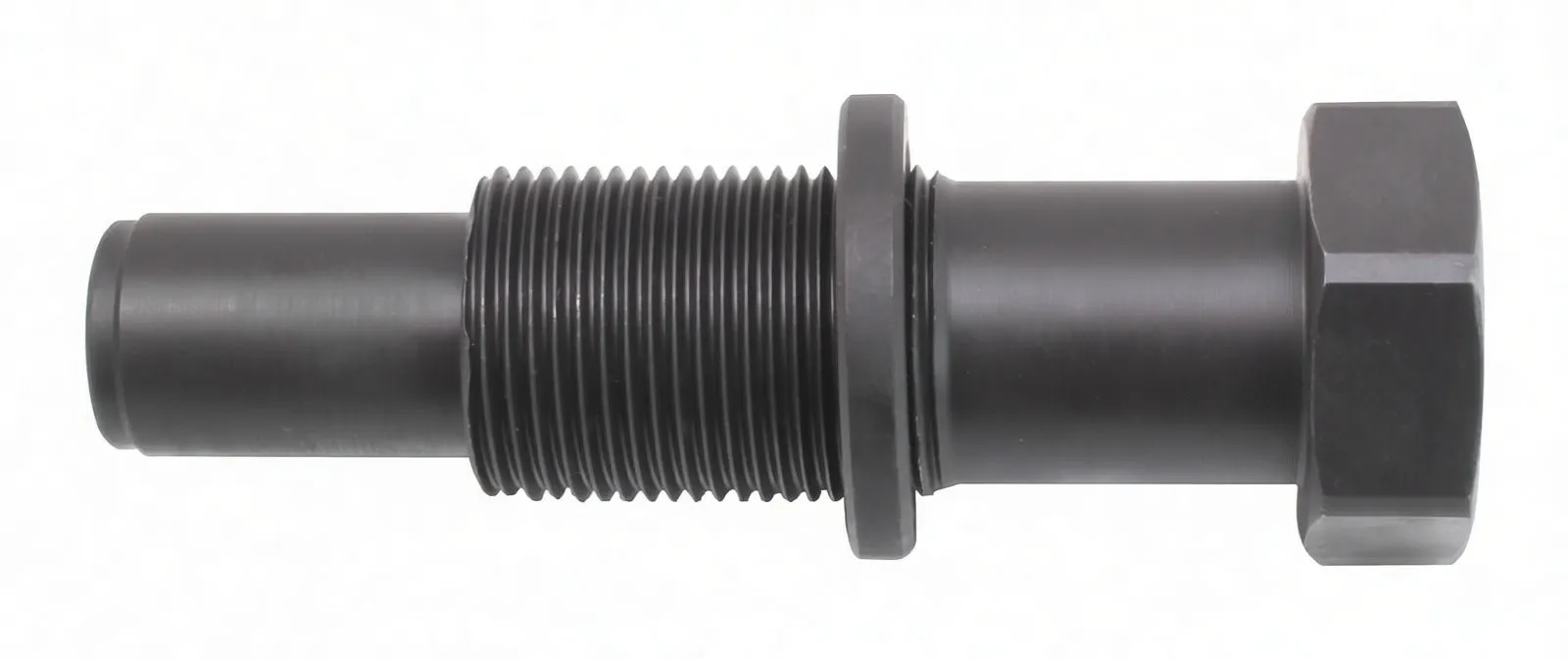 Side profile of full tensioner showing hex nut, marked barrel ASTA A-CDB18, flange, threaded section and piston shaft