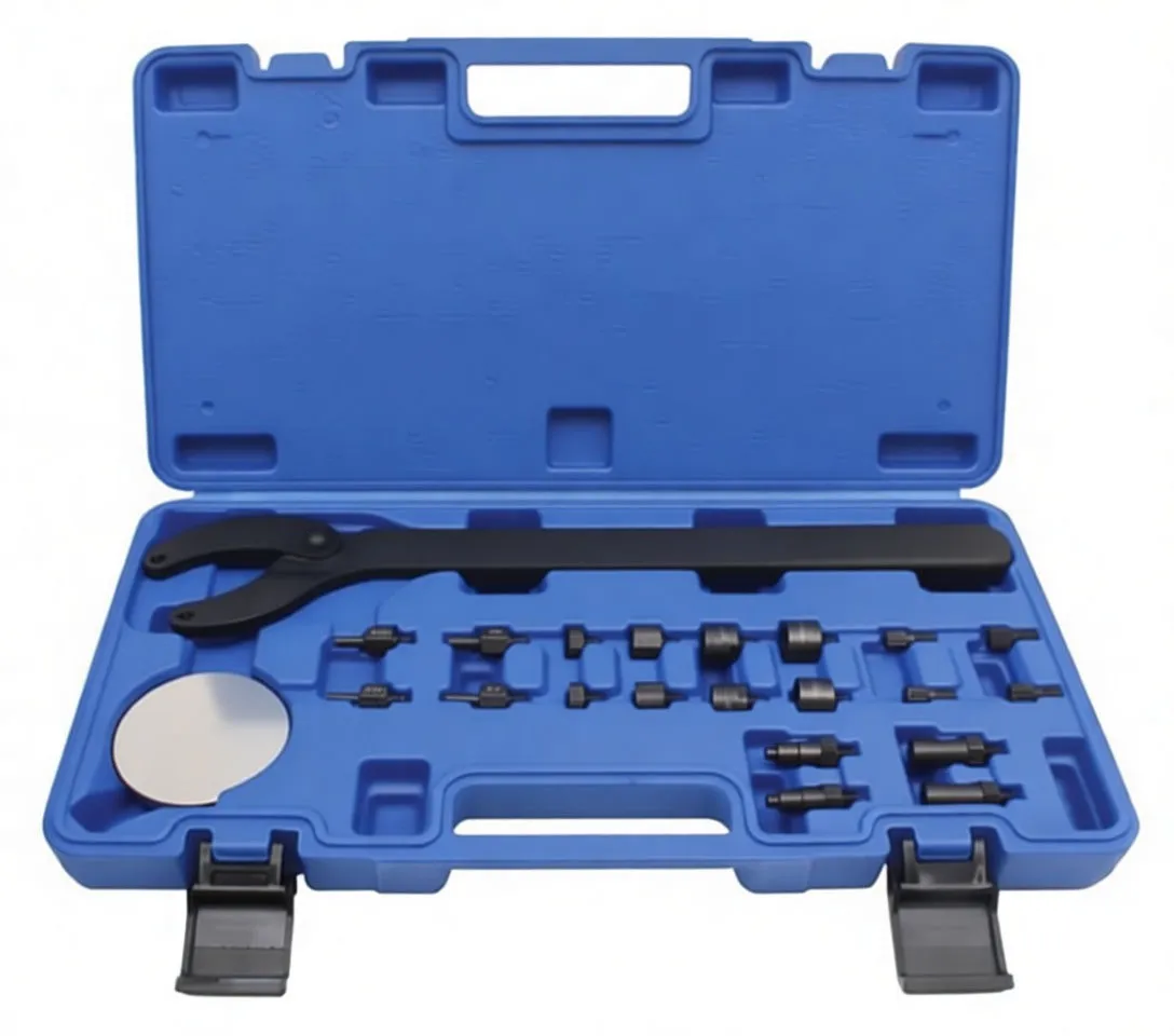 Angled view of blue tool case with camshaft counterhold spanner, adapter plate and many black adapter bolts
