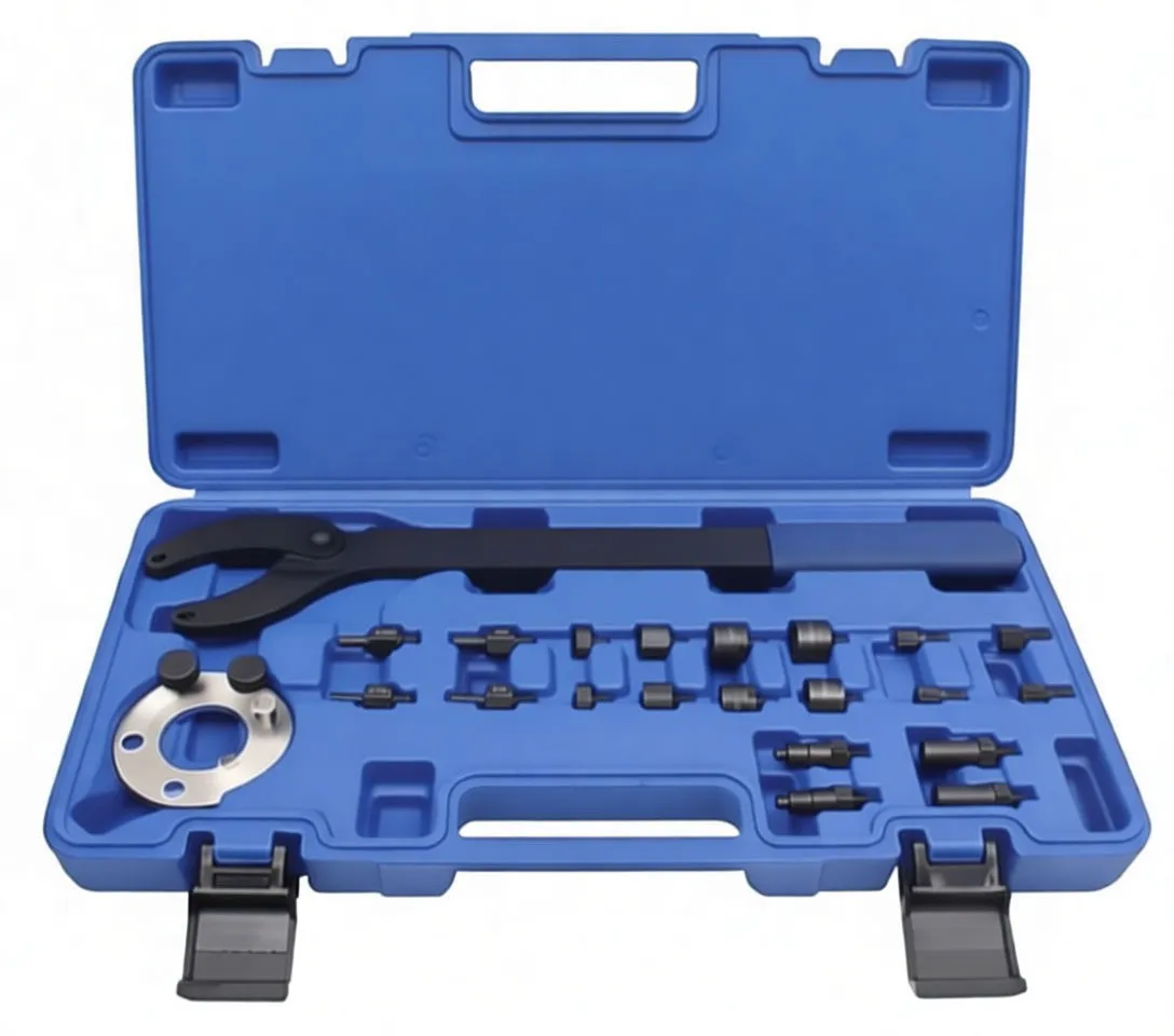 Camshaft counterhold wrench with blue grip, adapter plate and an assortment of threaded adapter pins and spacers laid out on white