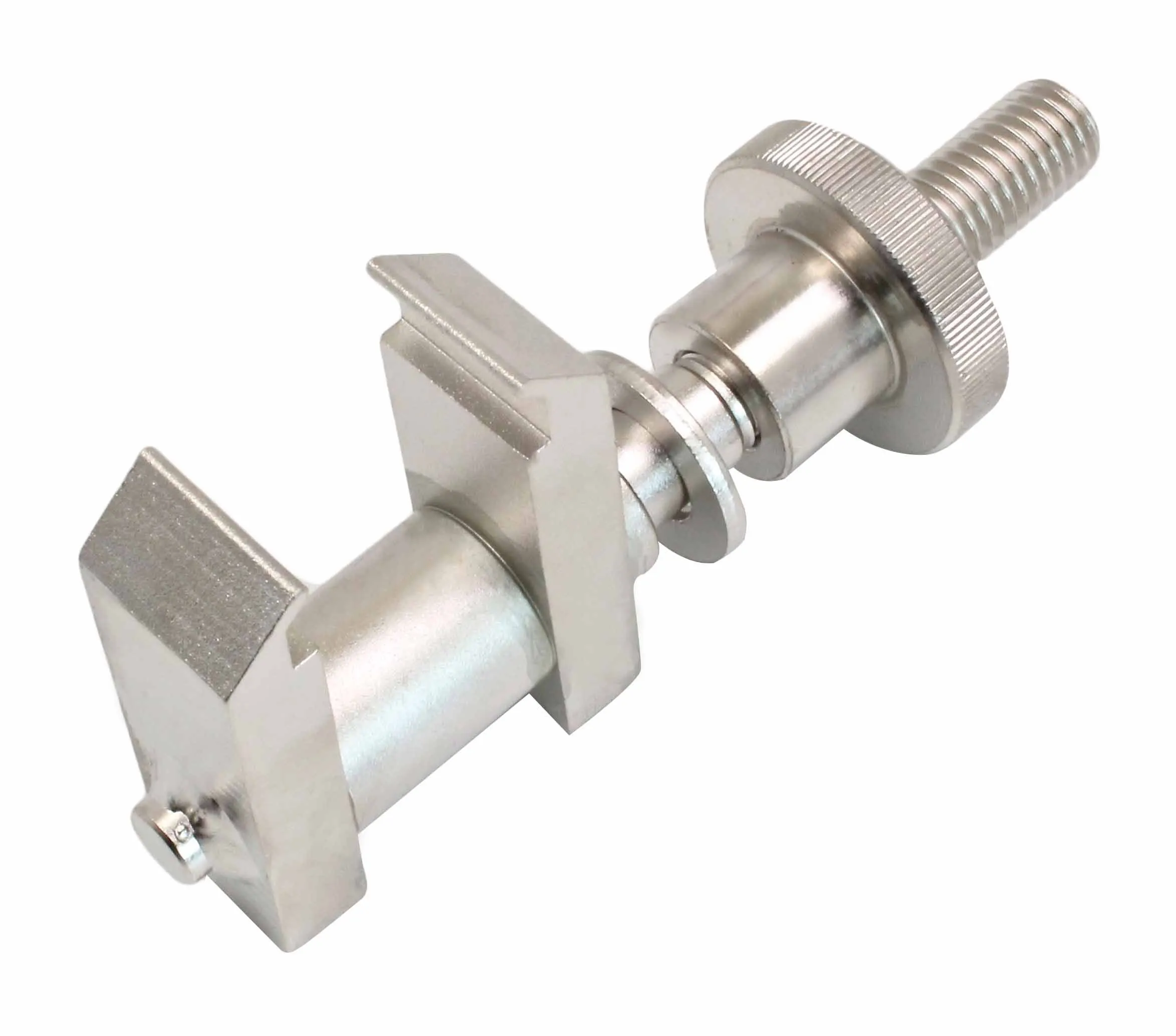 Side-angled view of camshaft alignment tool showing forked jaws, locating pin, threaded stud, knurled wheel and spacer washer.