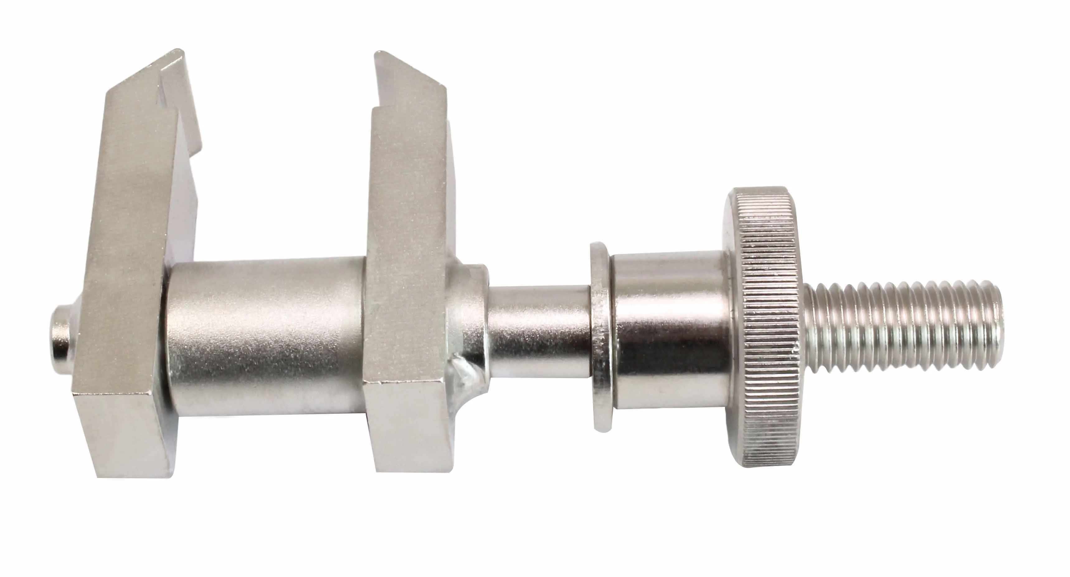 Horizontal profile of camshaft gear alignment tool showing opposing square jaws, central barrel, knurled adjustment knob and threaded stud.