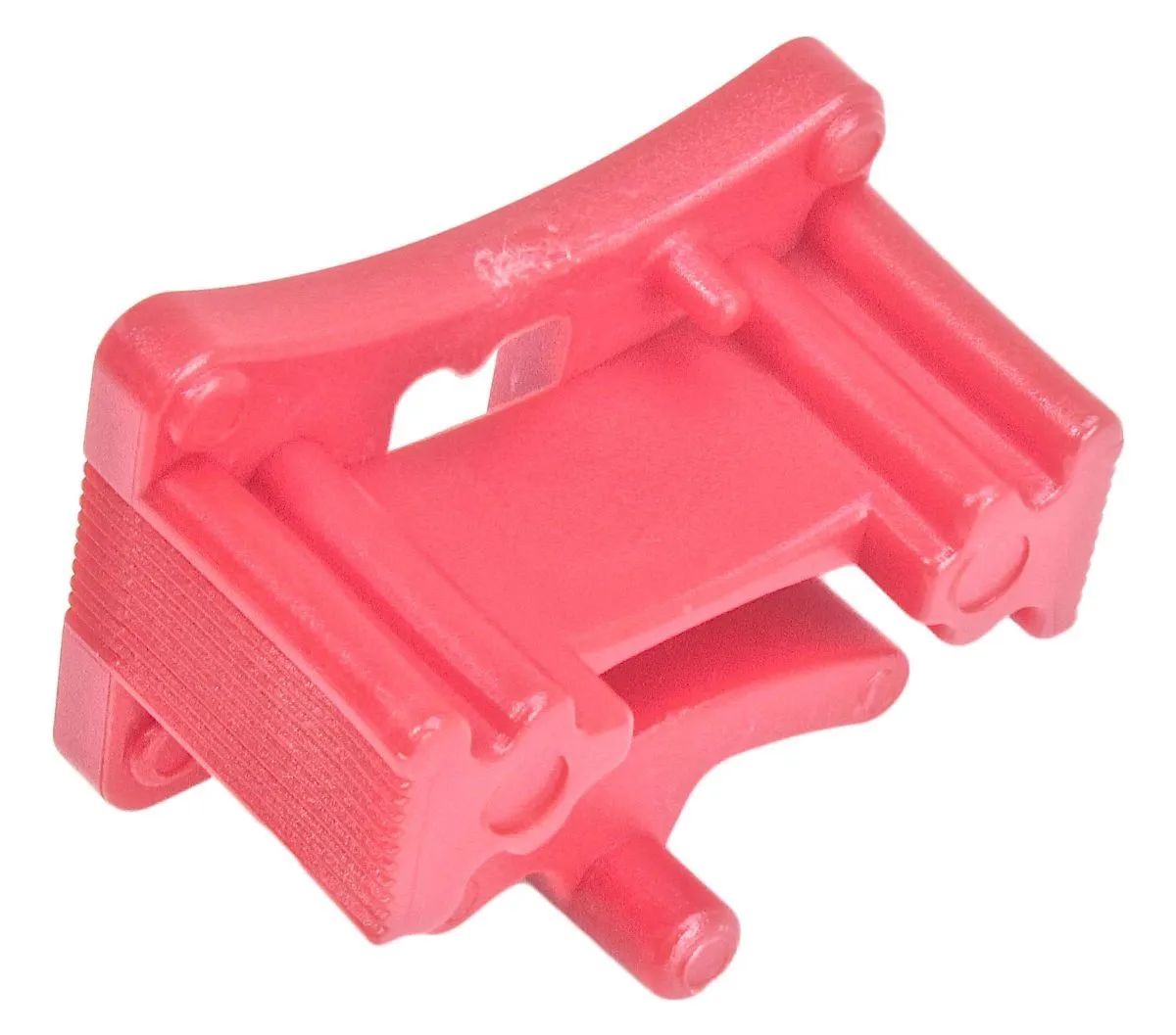 Angled underside of red timing tool part showing slot, pin and ribbed end