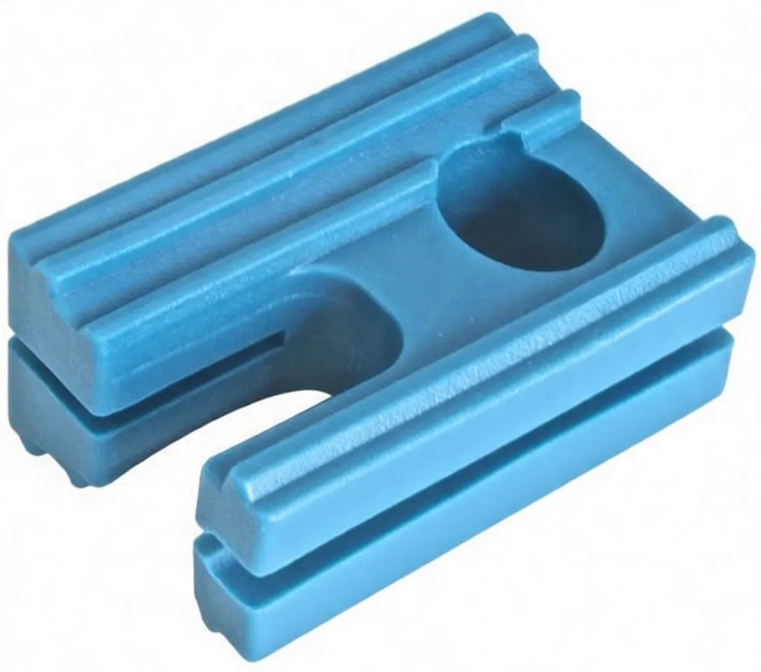 Top/side perspective of blue camshaft lock showing dual recesses, U-slot and partial white marking on side