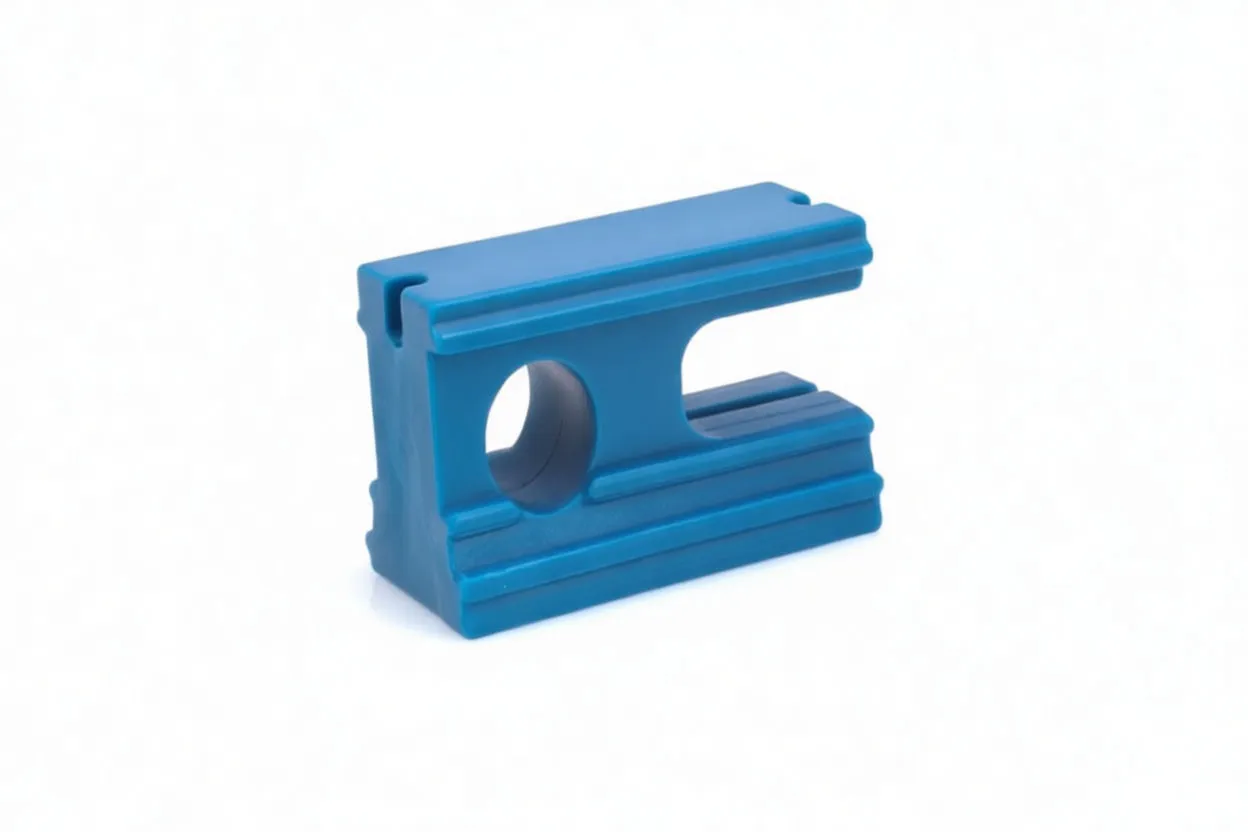 Side profile of blue camshaft locking tool showing circular hole, U-shaped slot and ribbed rails