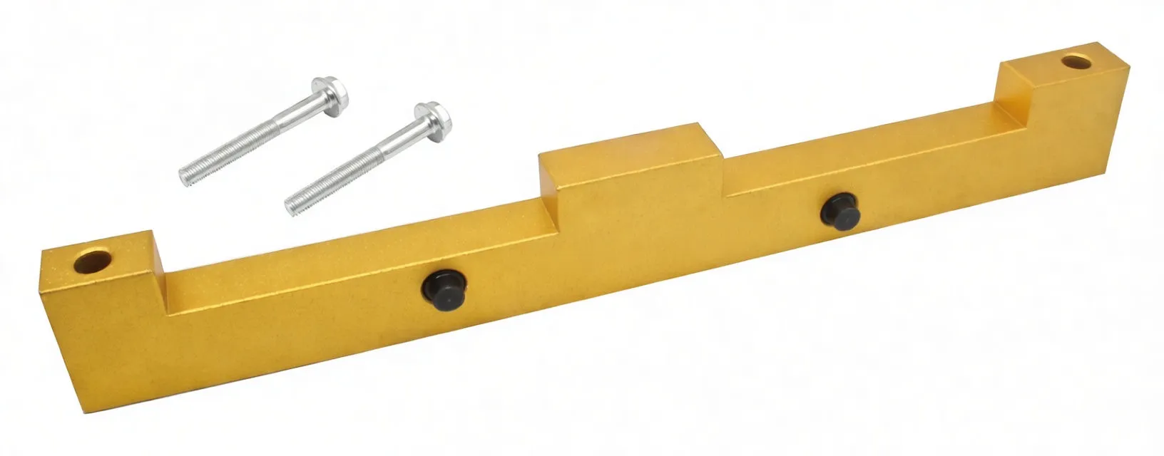 Perspective view of gold anodized camshaft locking tool showing underside profile, one black pin, end holes, central tab, two silver bolts and 'S-90022-1' marking.