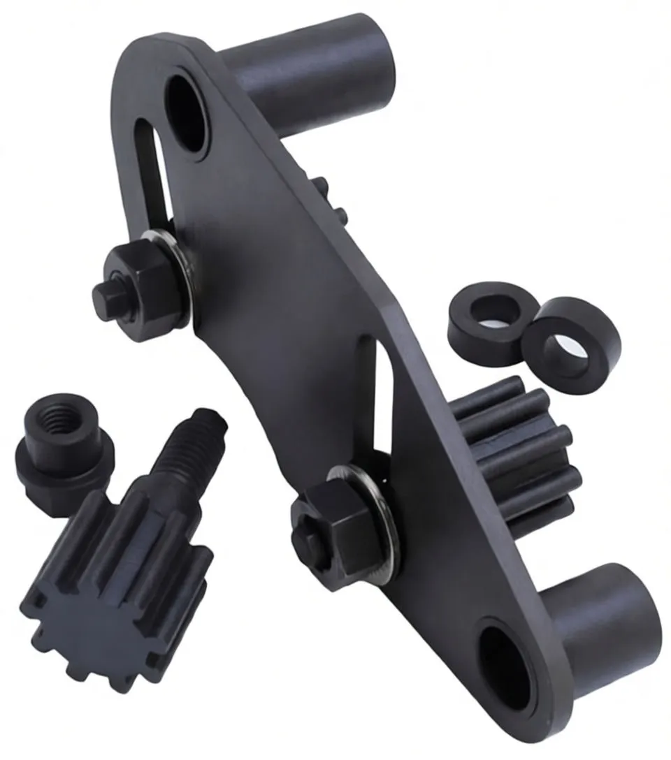 Alternate view of Renault camshaft sprocket locking tool showing plate with hollow sleeves, two splined pins and two spacers on a white background.