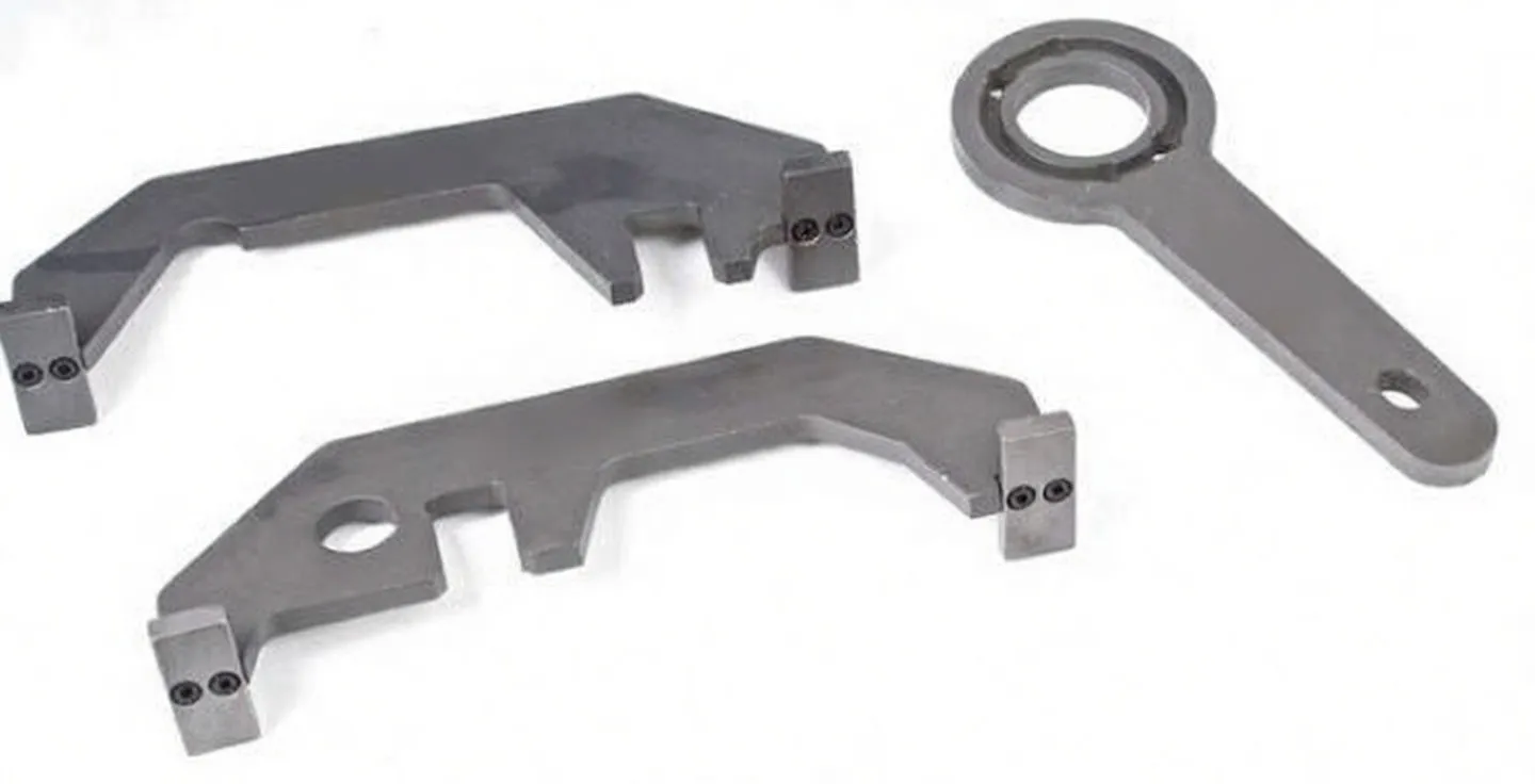 Close-up of two machined locking brackets and a ring-style spanner, each marked 'saTra' and showing screw bosses and mounting surfaces.