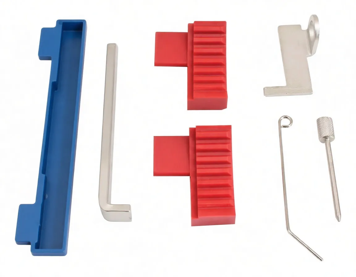 Angled view of blue timing tool case showing black bar, chrome L‑bar, red toothed blocks, silver bracket and small pins