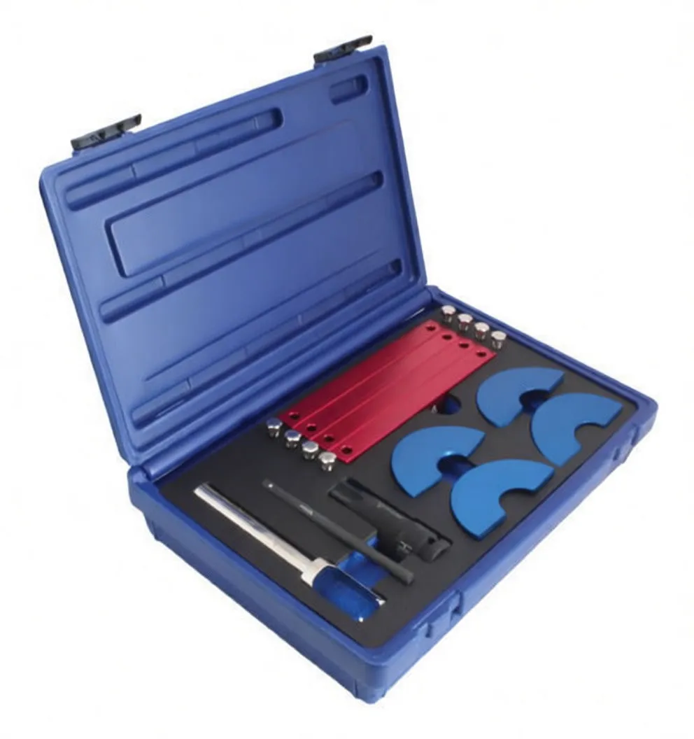 Angled shot of blue case with red bars and blue crescent timing plates plus silver alignment rod and black adapter