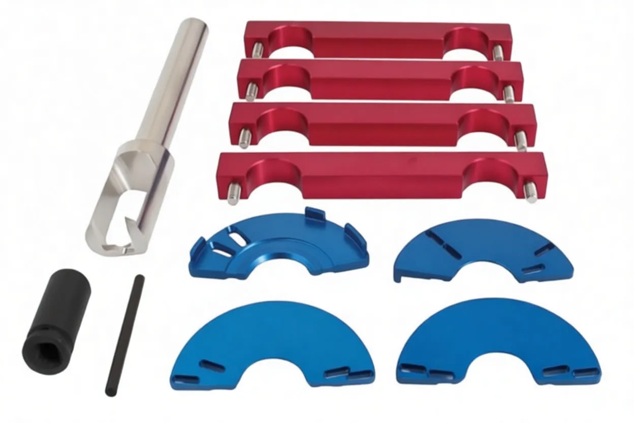 Timing tool components on white background: red clamp bars, four blue semicircular plates, silver fork tool, black adapter and pins