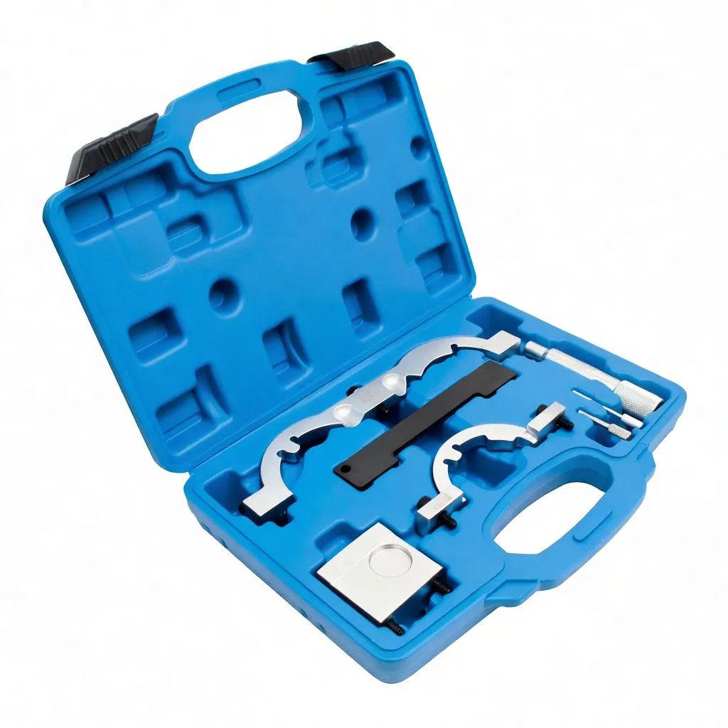 Angled perspective of blue tool case with engine timing alignment brackets, black locking bar, square block, knurled driver and small pins visible.