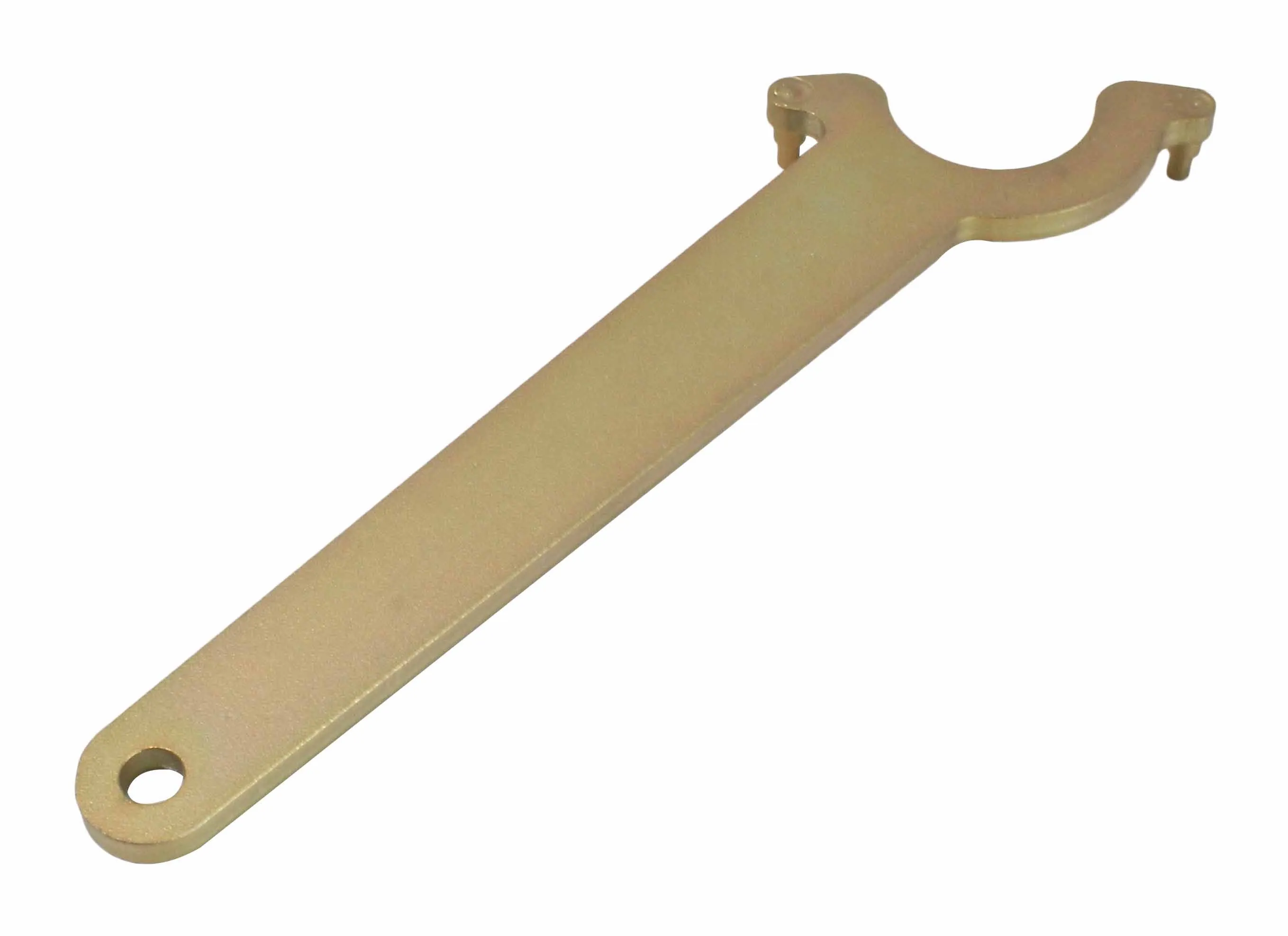 Angled image of gold camshaft VVT actuator wrench with handle hole visible and U-shaped jaw with locating pins