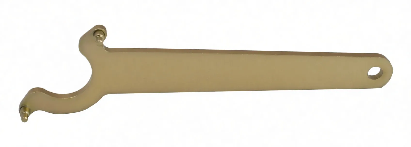 Top-down full-length view of gold camshaft VVT actuator wrench showing U-shaped pin end, long handle and faint blue logo on handle