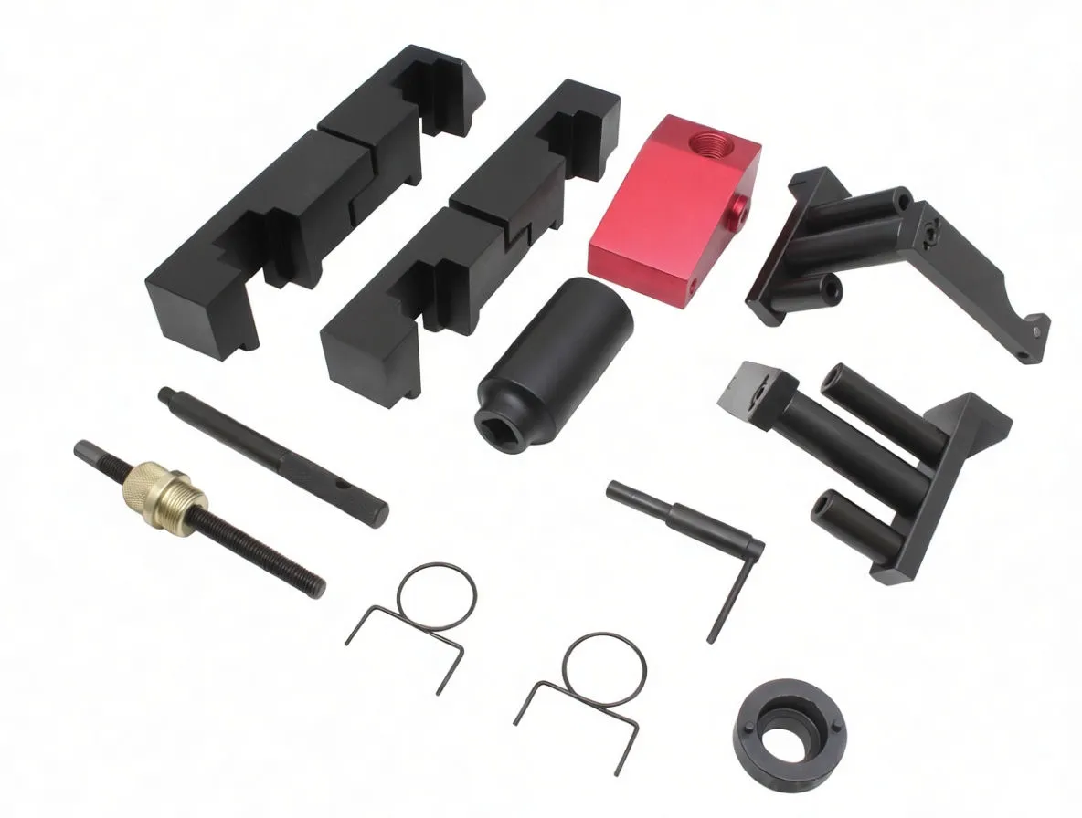 VANOS camshaft tooling components laid out: black locator blocks, red anodized block, socket, puller, clips, pins and brackets on white background