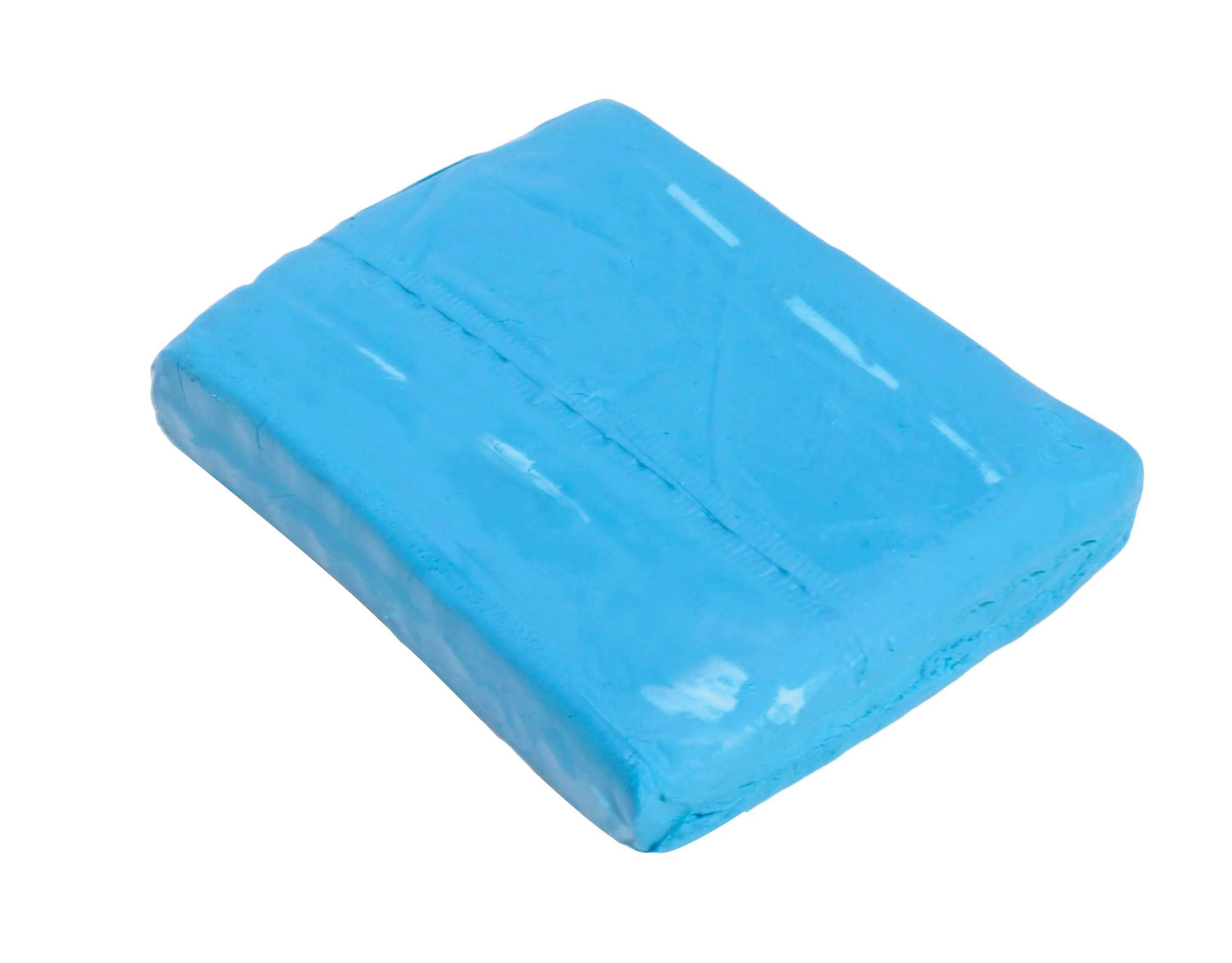 Unlabeled blue car clay bar with visible seam and glossy surface, rectangular with rounded edges