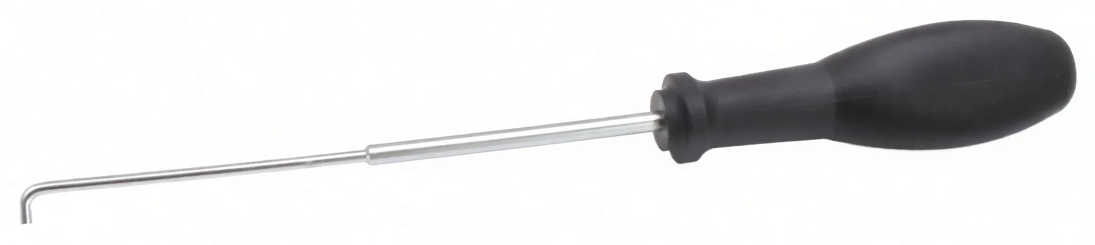 Side profile of door-handle removal tool with visible ferrule on shaft and faint marking on the metal, L-shaped hooked tip shown.