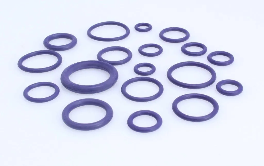 Assortment of dark purple O-rings of various sizes arranged on a white surface