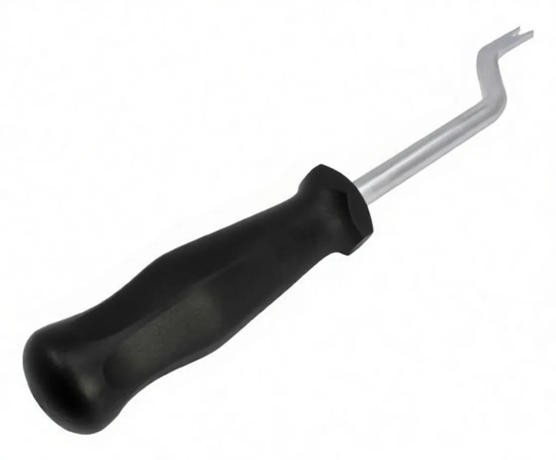 Close-up of black ergonomic handle and bent metal shaft of roof handle release tool