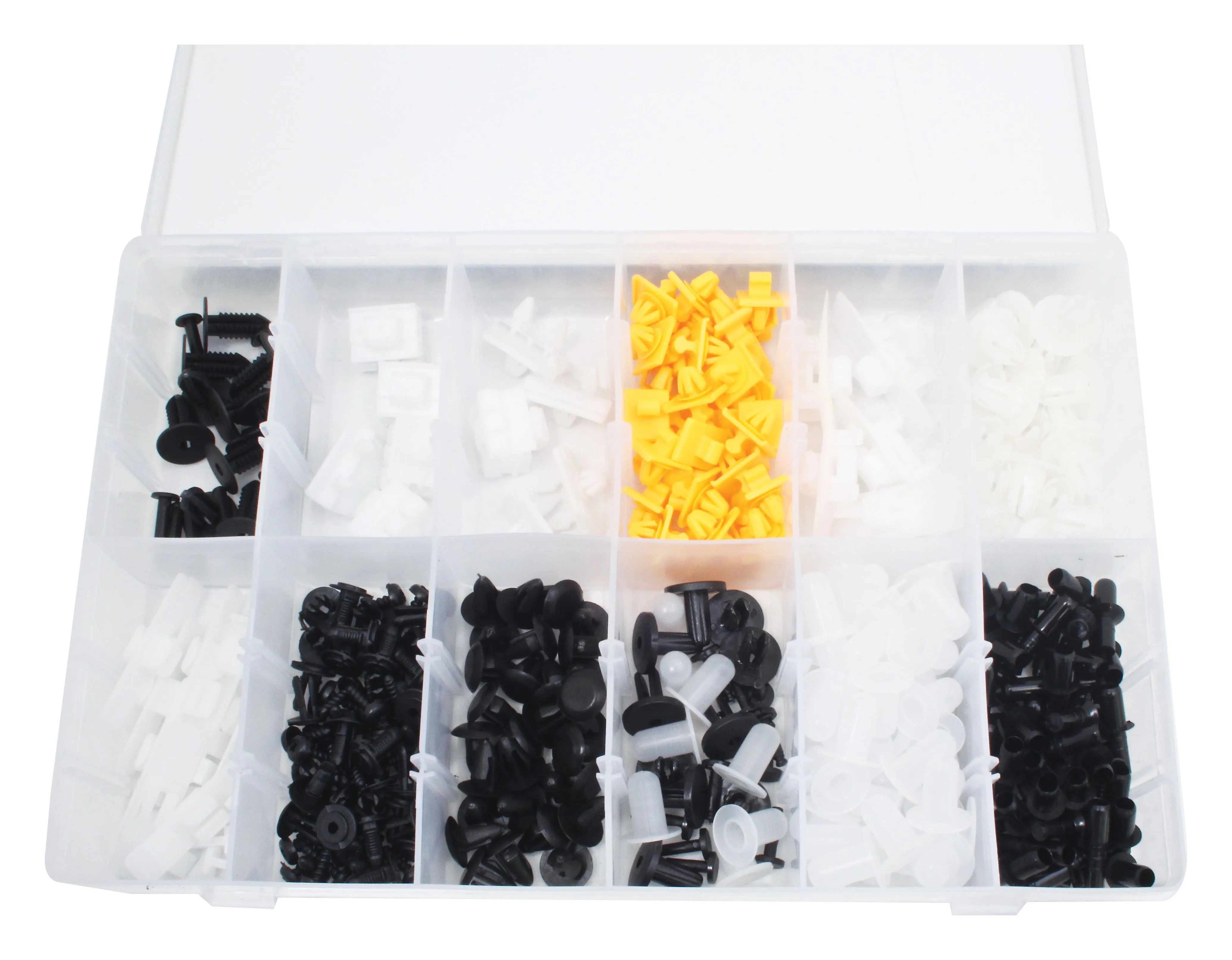 Close overhead image of compartmented box showing multiple shapes of black, white and yellow trim clips