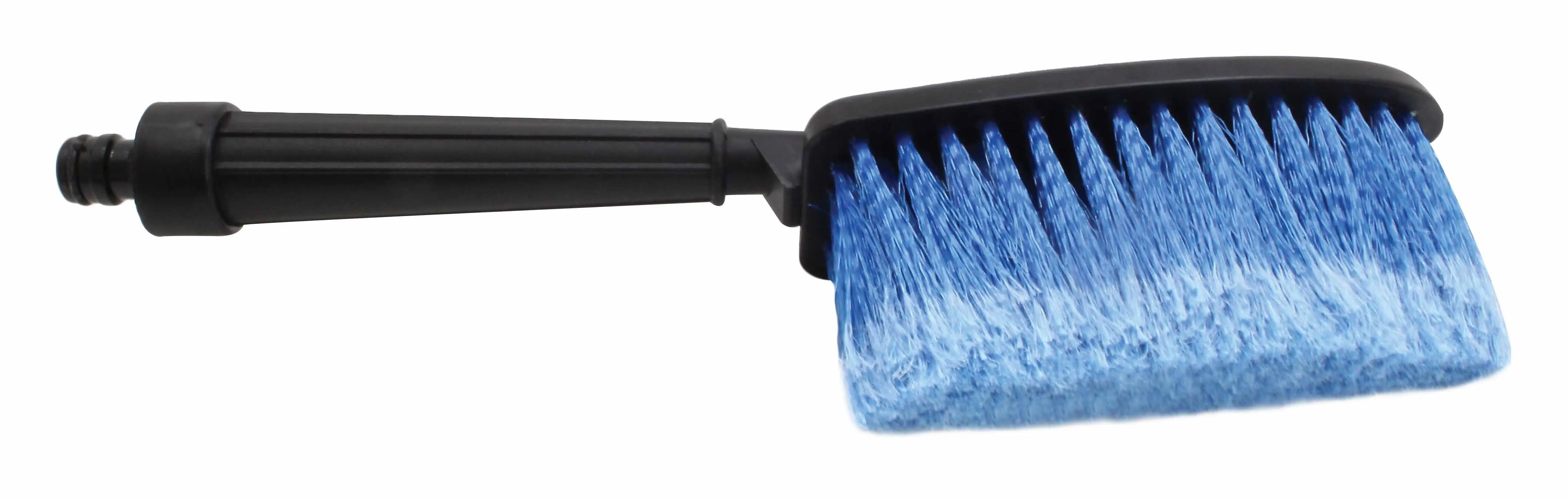 Side view of full car wash brush with blue bristles and black handle with hose adapter