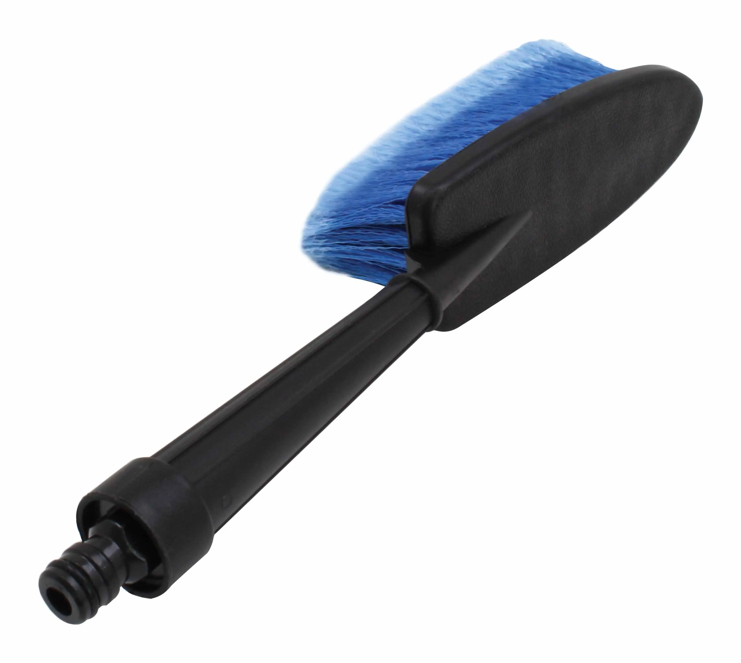 Underside view of car wash brush showing black backing, blue bristles and hose connector