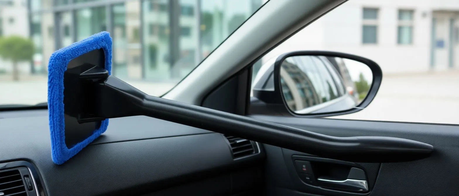 Hand using blue microfiber brush to clean car side window with close-up of fabric texture