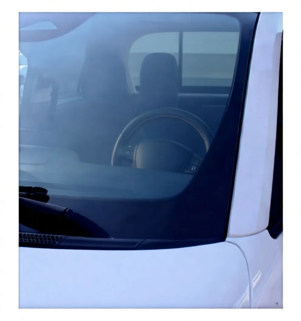 Person using blue microfiber cleaning brush on vehicle windshield