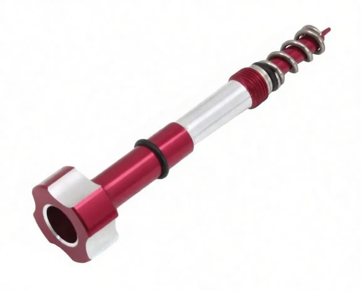 Angled view of fuel mixture screw adjuster showing hollow knob, silver shaft, spring assembly, O-ring and '2' marking