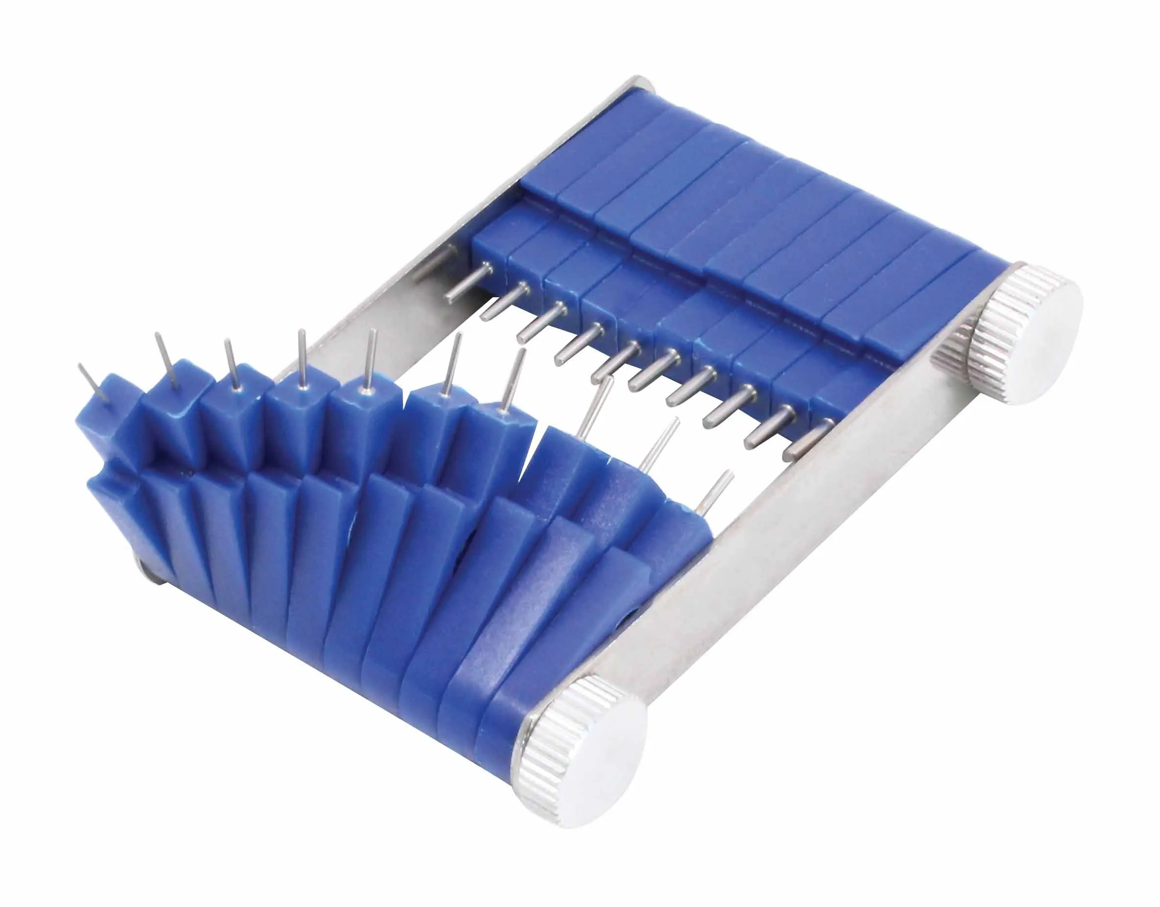 Cleaning tool with blue segments fanned out exposing multiple thin metal probe needles