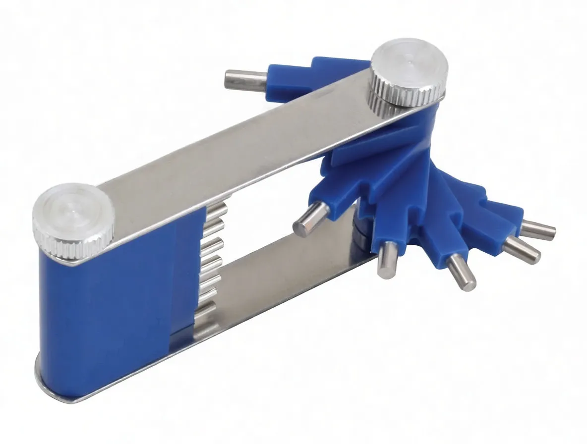 Side view of carburetor nozzle cleaning tools with multiple blue-handled metal pins fanned out from a stainless steel frame.