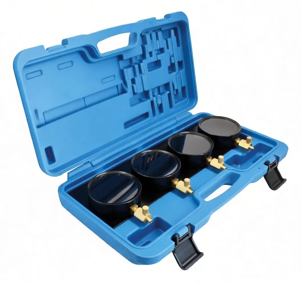 Open blue case at an angle showing four vacuum gauges with brass fittings, a coiled hose, rows of brass adapters and a small bag of seals.