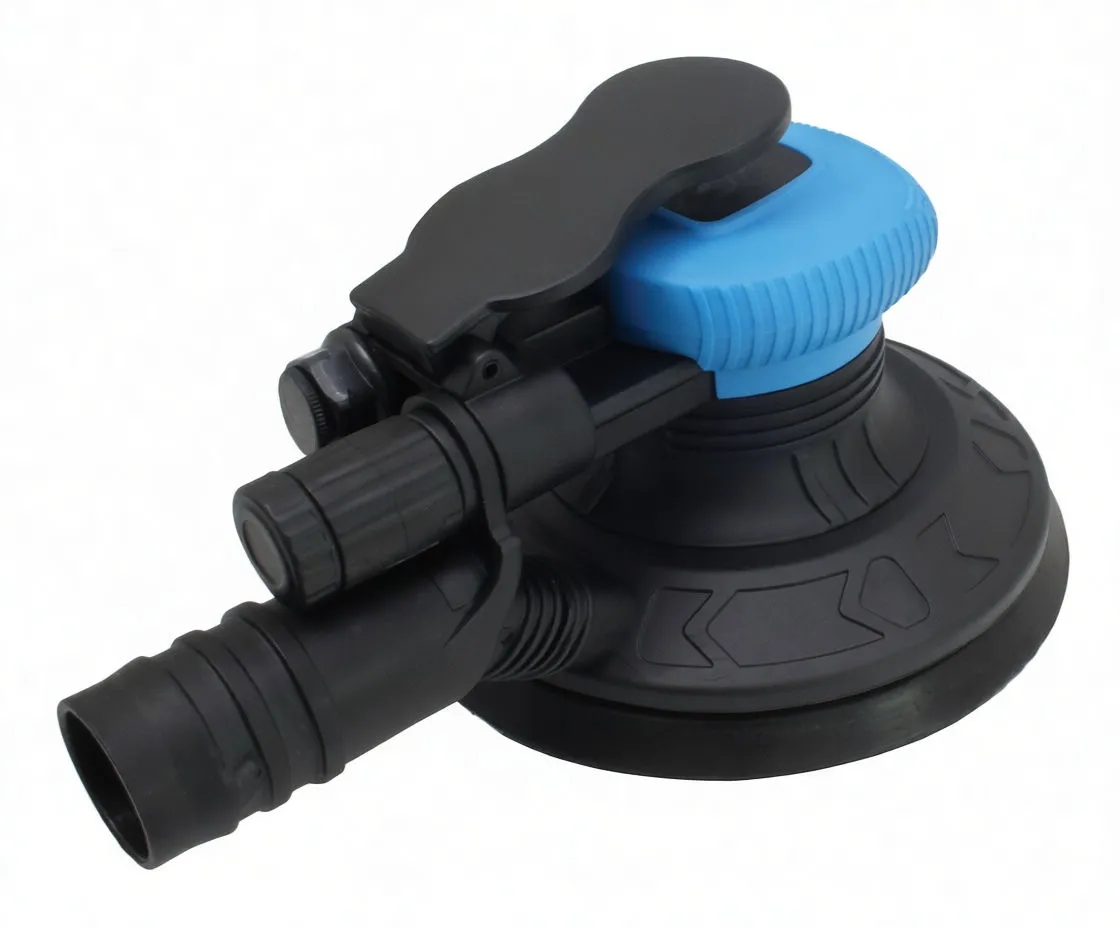 Close view of sander throttle lever with warning text, blue grip ring and air connector