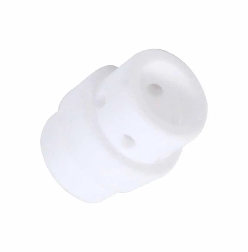 Oblique view of white MIG splitter nozzle with flanged midsection and circular vent holes, interior bore visible.