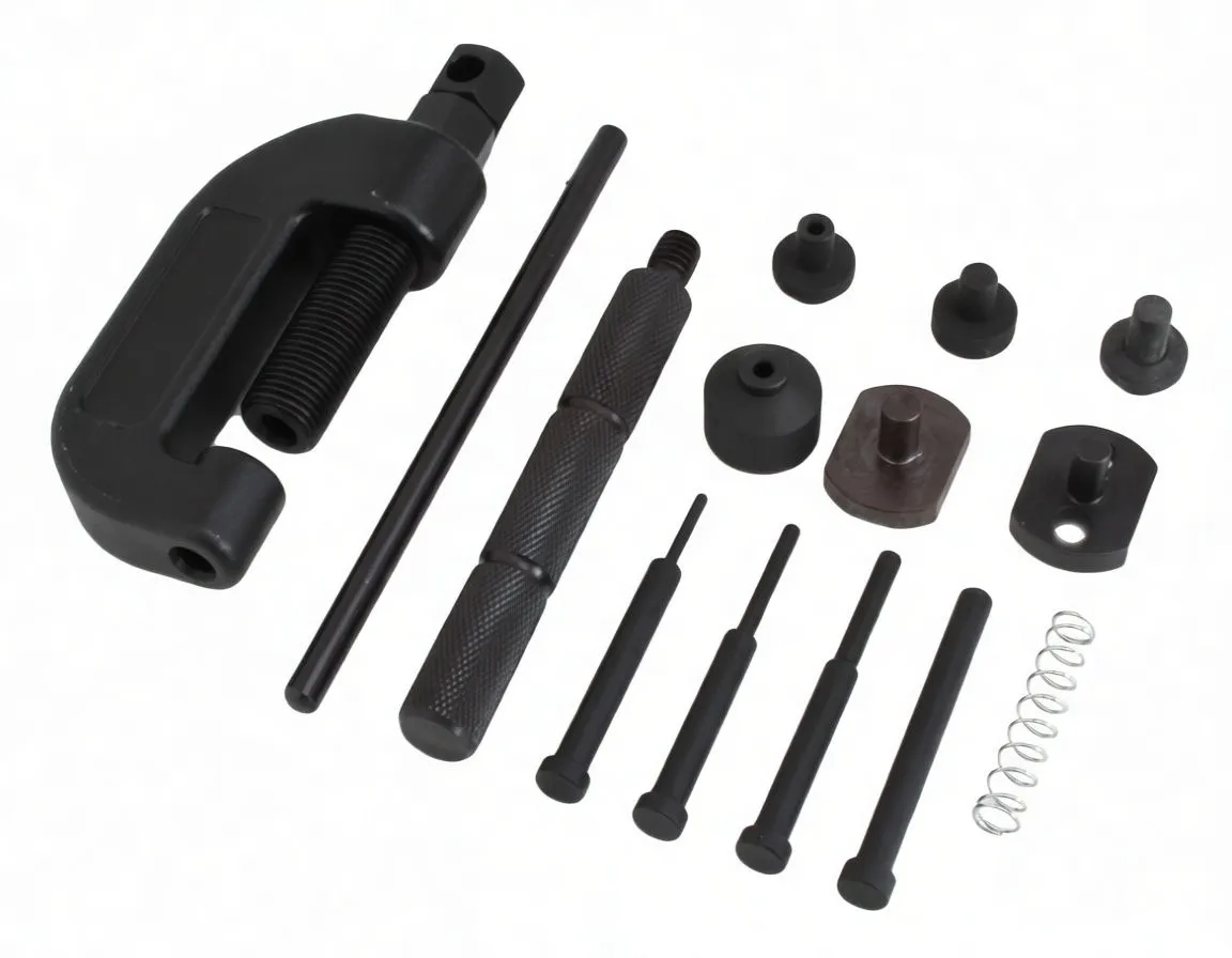 Tool kit components laid out: C-clamp press, bar, knurled handle, five punch pins, spring and multiple rivet dies