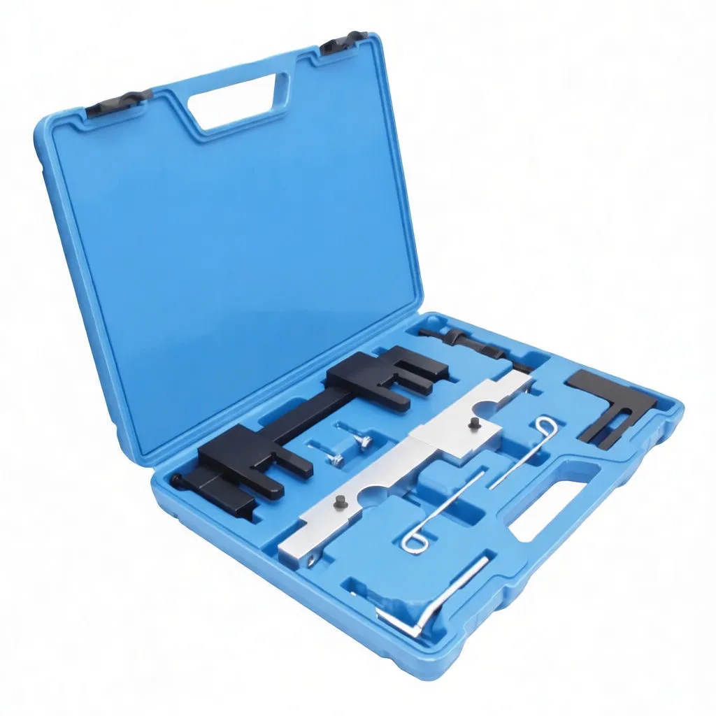 Perspective shot of blue carrying case with silver alignment bar, black clamp pieces, threaded puller and accessory tools arranged inside