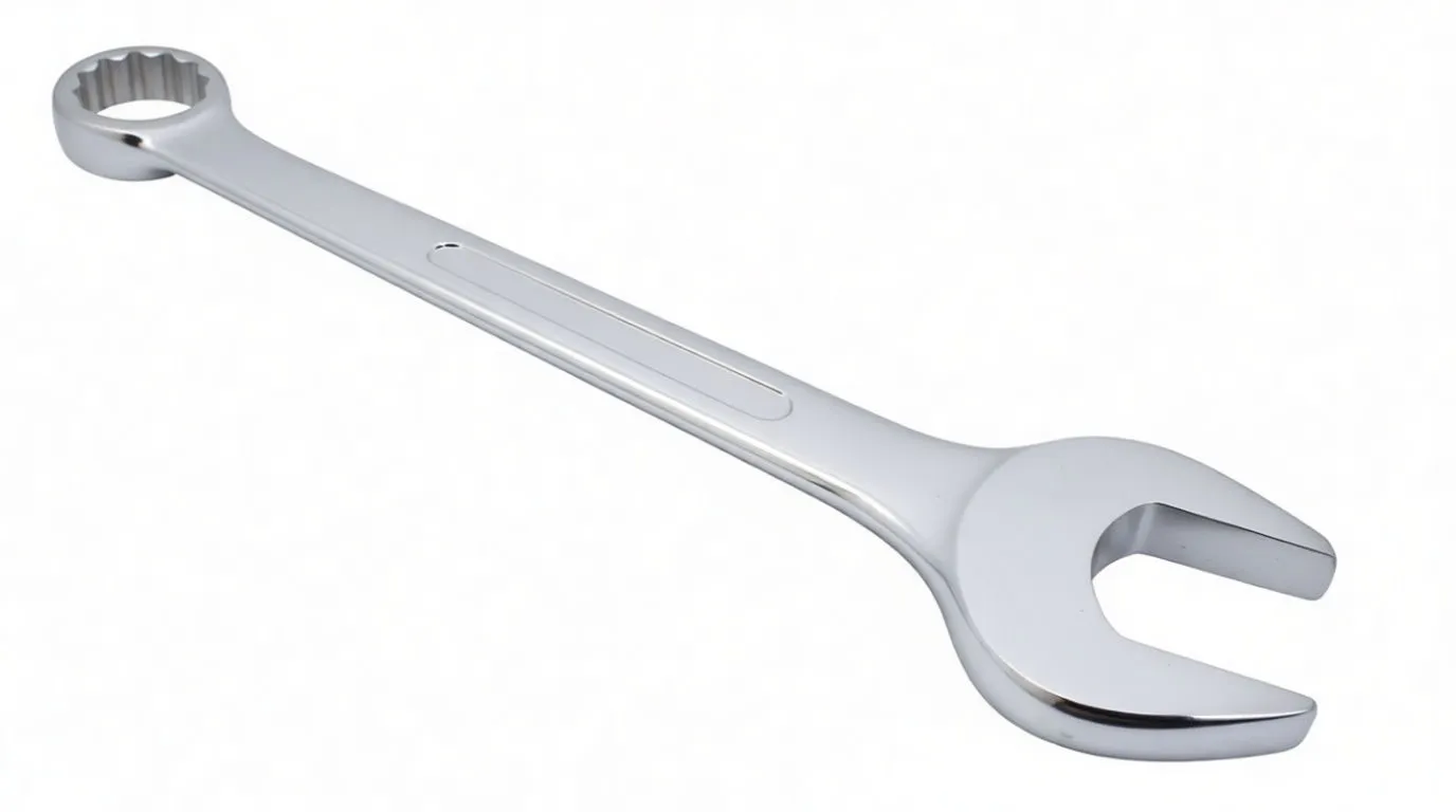 Combination spanner with open end in front, chrome finish and boxed ring end at the rear