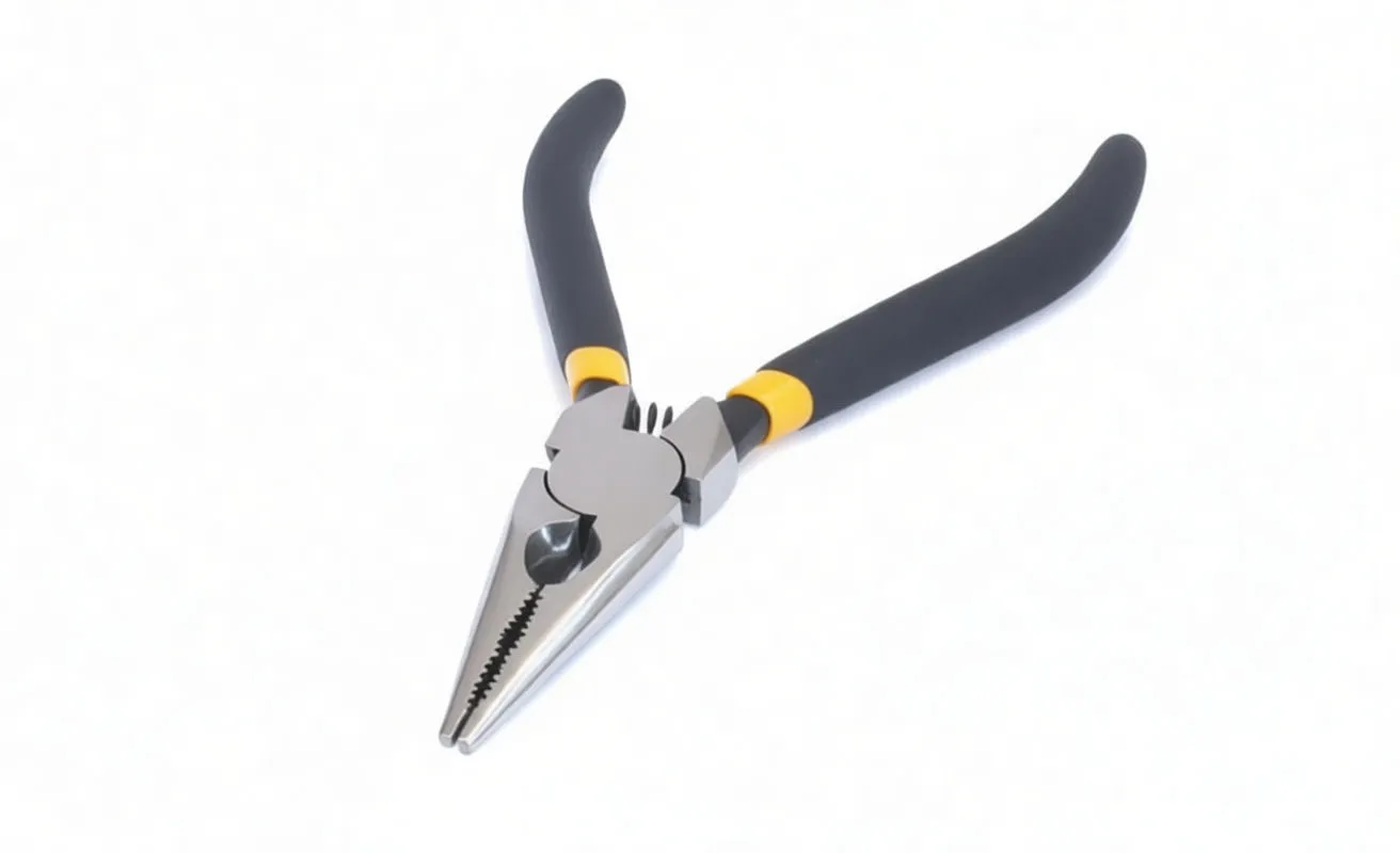 Close-up of seger pliers head showing stamped logo, numeric marking, slender round jaws and black handles with yellow rings
