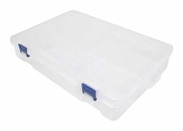 Closed translucent organizer with recessed handle and blue latches, faint compartment outlines visible