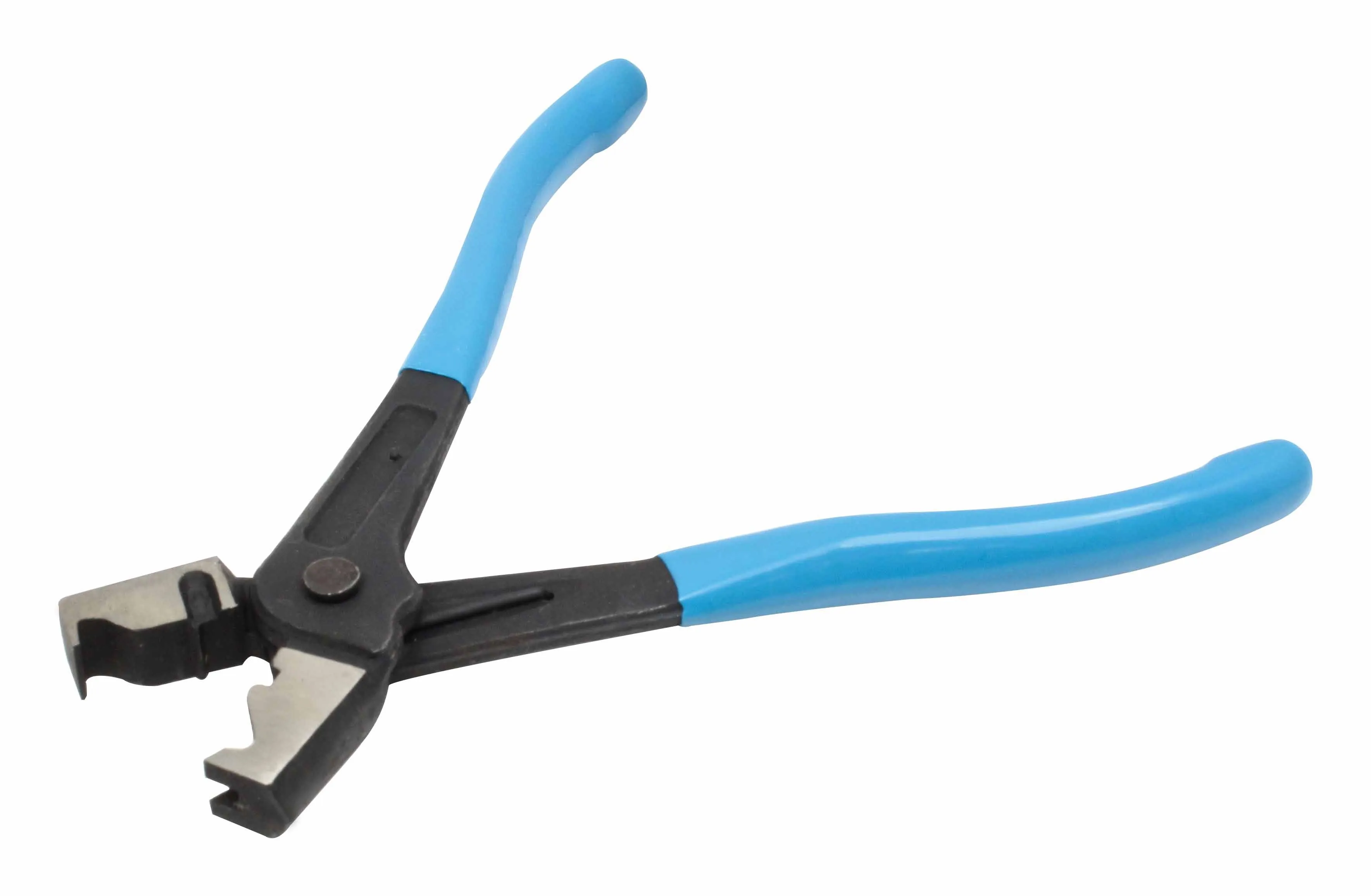 Side/top angled view of pliers with blue handles and stepped jaws