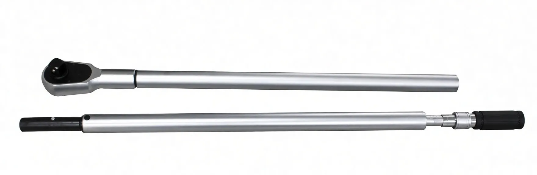 Two separated aluminium sections of a torque wrench showing the ratchet head on one piece and the adjustable handle section on the other.