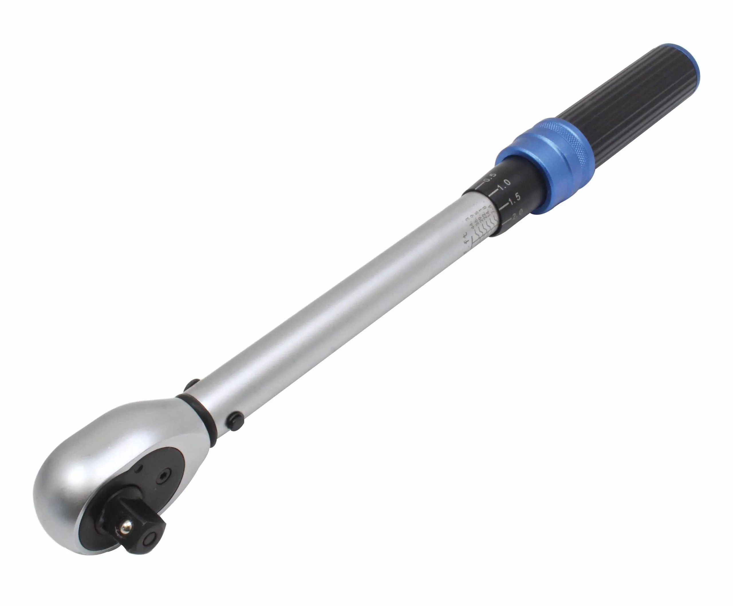 Torque wrench angled to show underside of ratchet head, square drive detent and adjustment scale collar
