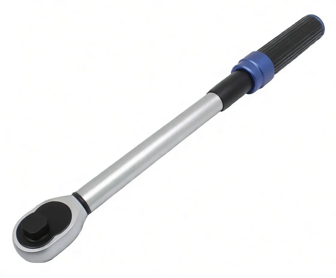 Angled view of torque wrench showing ratchet head, square drive, torque tube with scale and ribbed handle with blue collar.