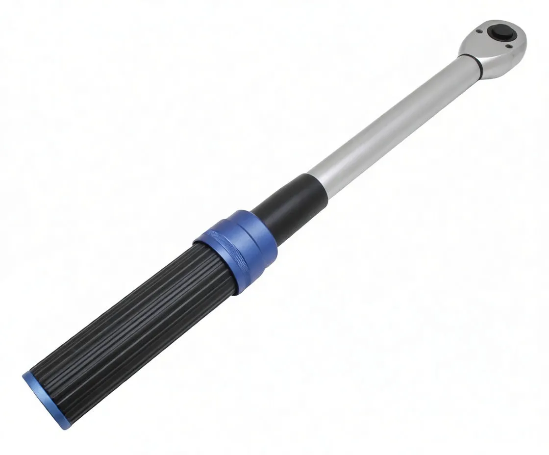 Full-length perspective of torque wrench with ratchet head and square drive, torque scale near adjustment sleeve, and ribbed handle with blue end cap.