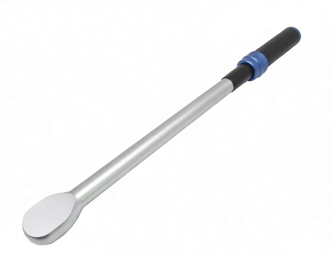 Diagonal view of adjustable 1/2" torque wrench with scale, blue collar and black grip