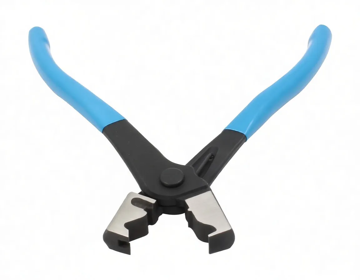 Front view of clip pliers showing notched jaws and central pivot