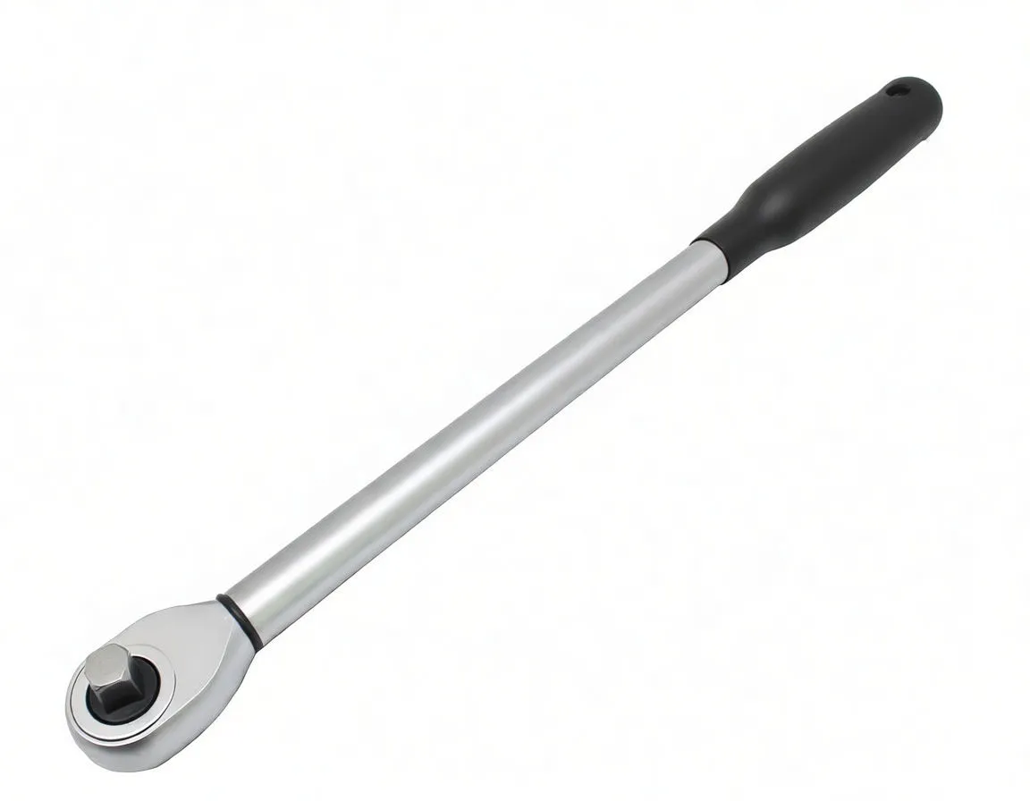 Torque wrench showing torque scale on shaft, blue locking ring and ratchet head with lever