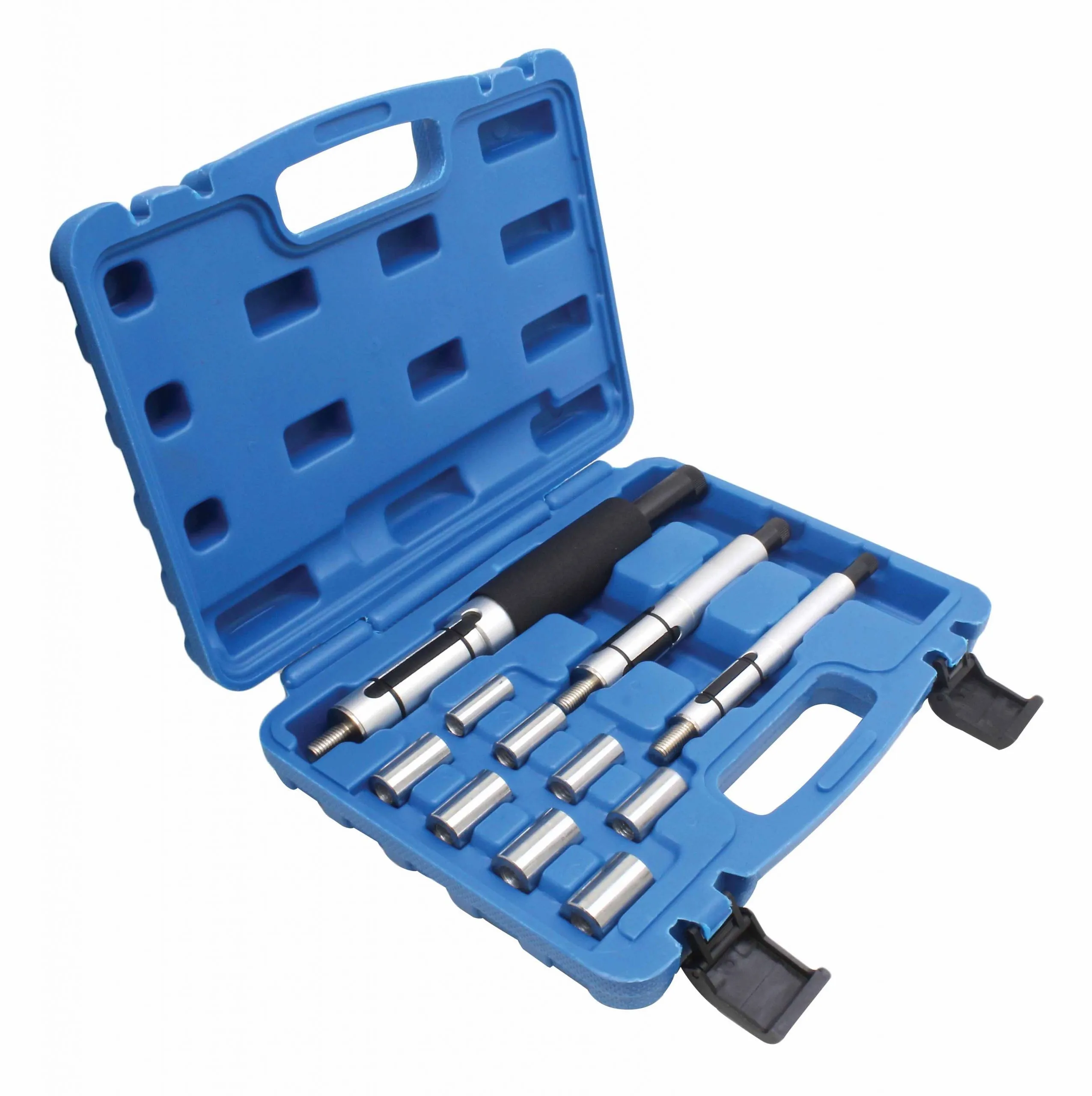 Perspective photo of open blue tool case with three alignment shafts and multiple metal adapter bushings
